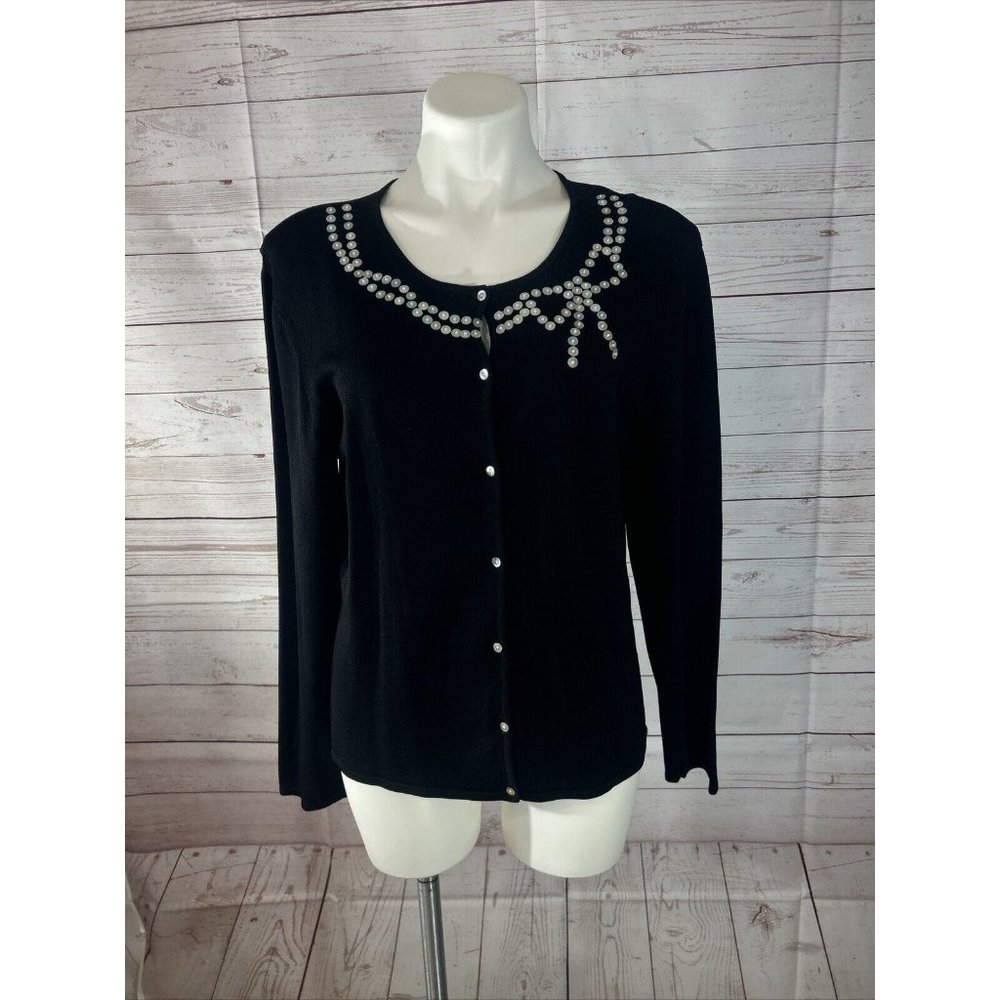 Knit De Knit Womens size L Black Cardigan Sweater w/ Pearle Button Sequin Design